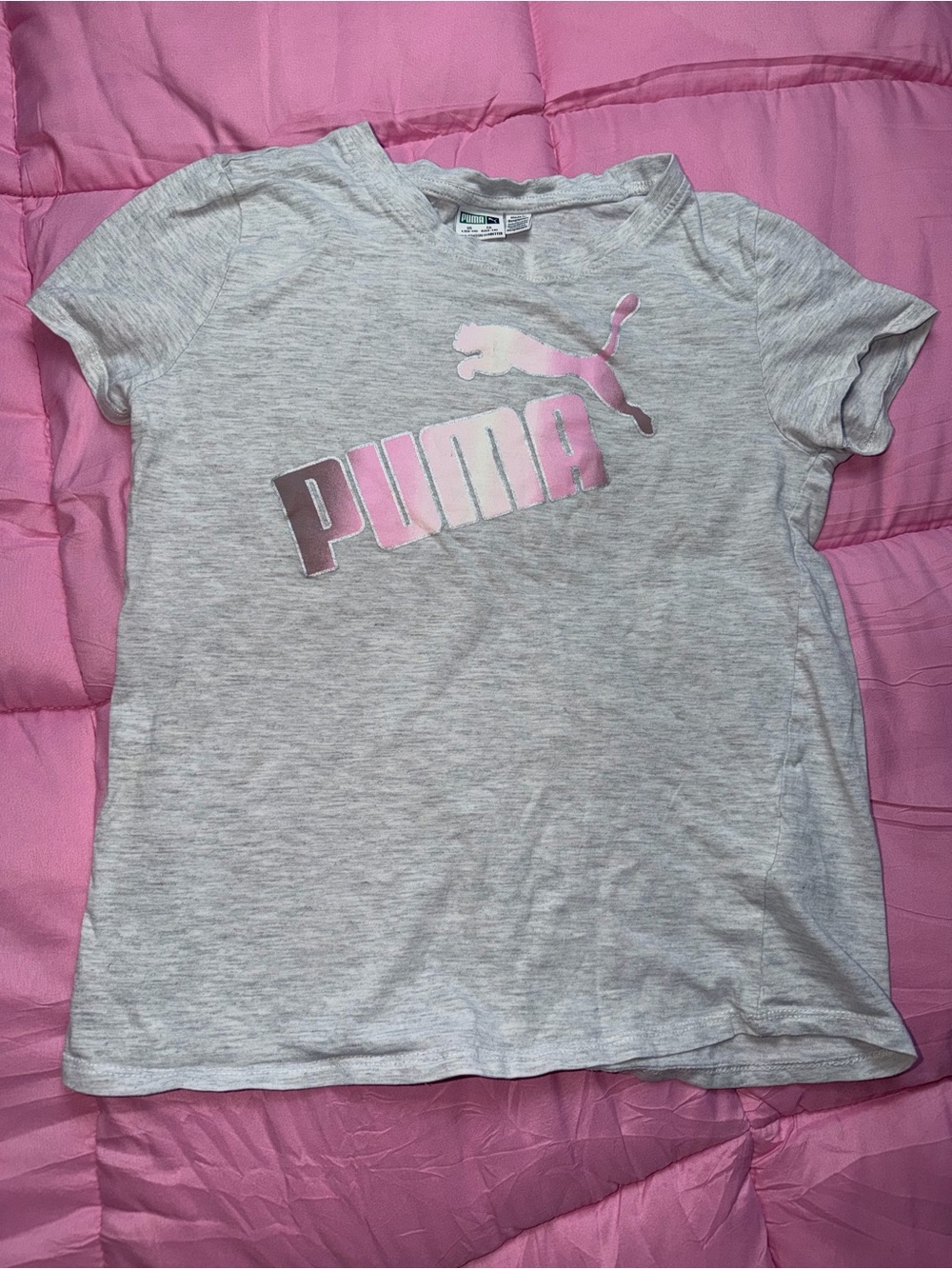 Puma Light Gray Tee with Pink Metallic Logo - Kids Short Sleeve Large 12/14